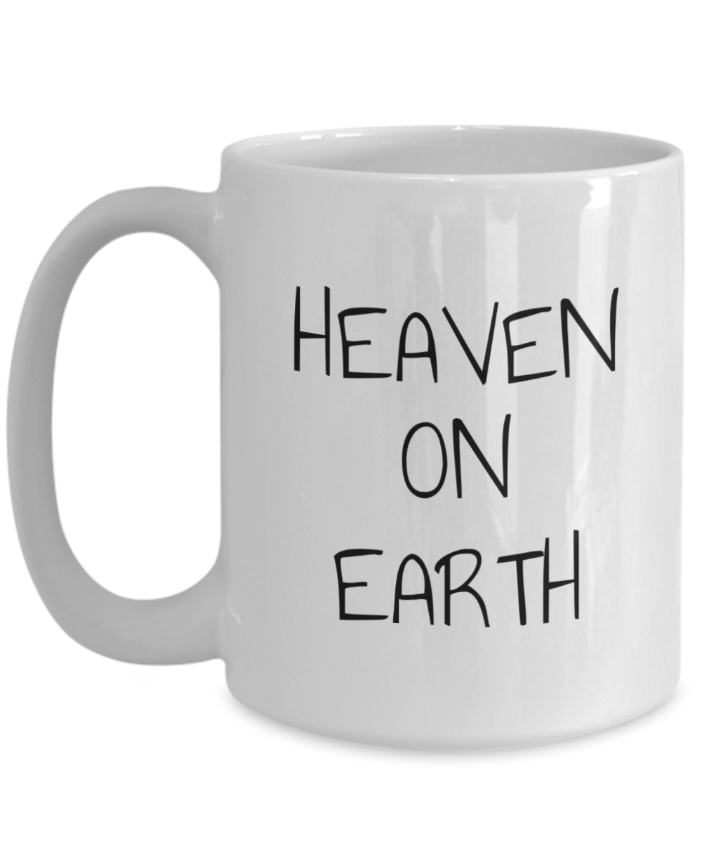 heaven on earth mug, large text and bright fantasy image of man in prayer hands and bright aura, 11oz, 15 oz mug, coffee cup, gift for spiritual male, female