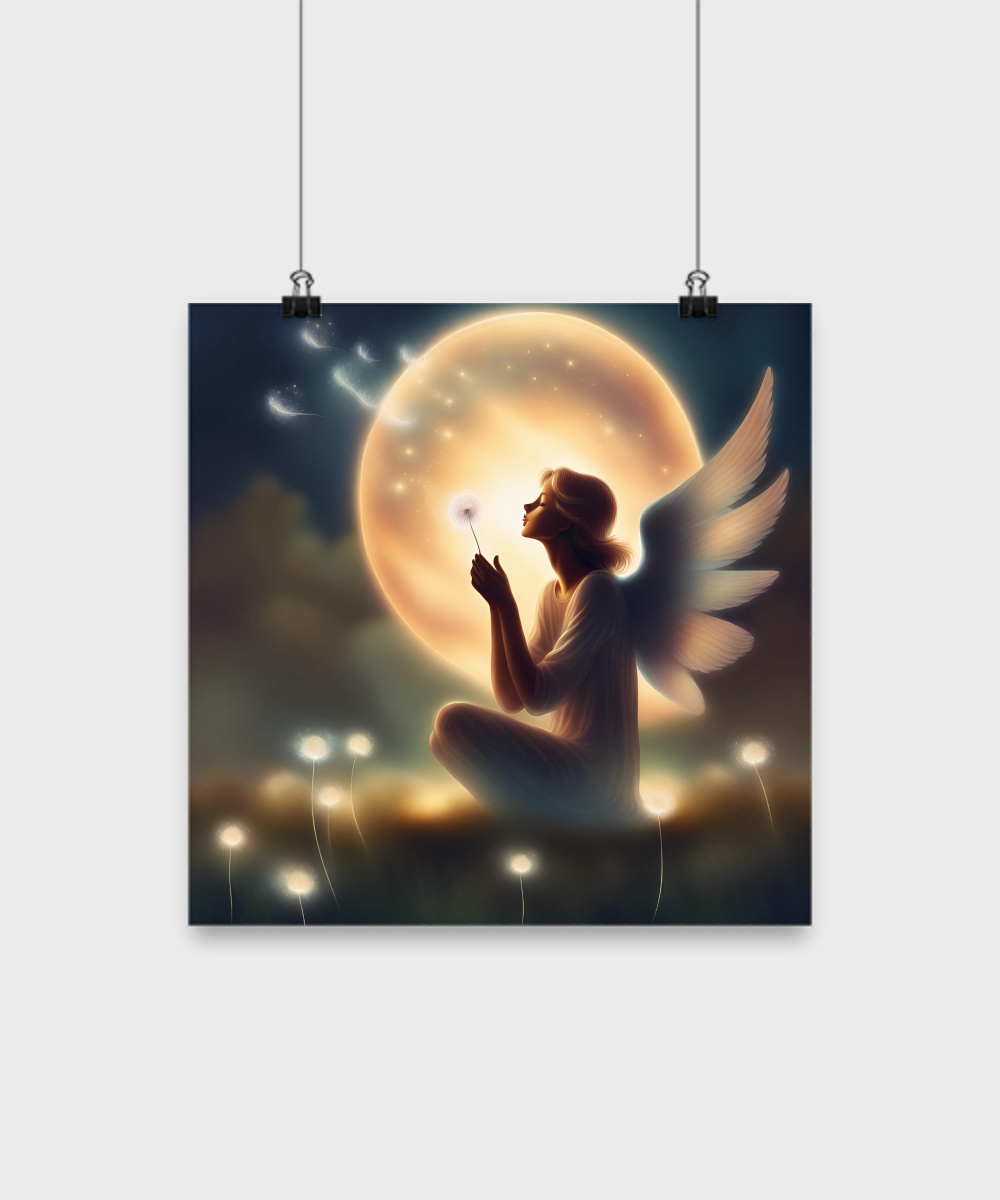 Poster of an angel blowing a dandelion pod, moon, seeds take flight,various sizes, dark blue and white