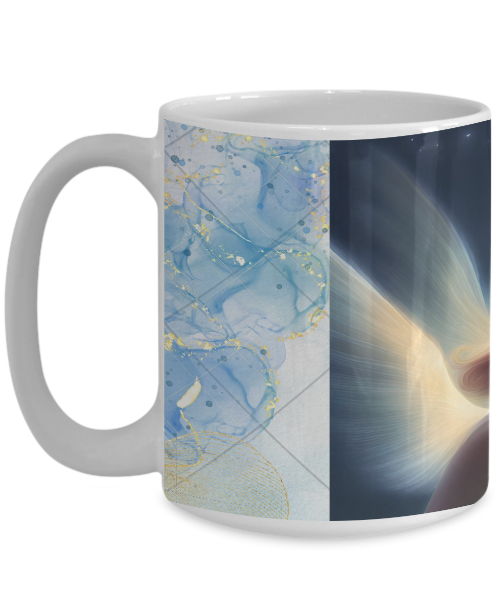 Full wrap mug, 11oz, 15oz, angel blowing on dandelion pod, making a wish