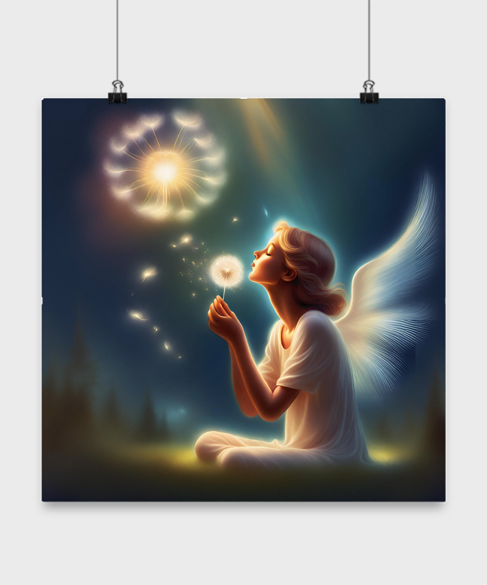 Poster of angel blowing a dandelion pod, dark blue with white, fantasy, wishes, dreams