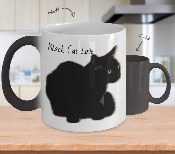 Colour changing black cat 11oz mug, 2 images, black cat squatting and another image of two black cats squatting together, gift for cat lover, cat parent