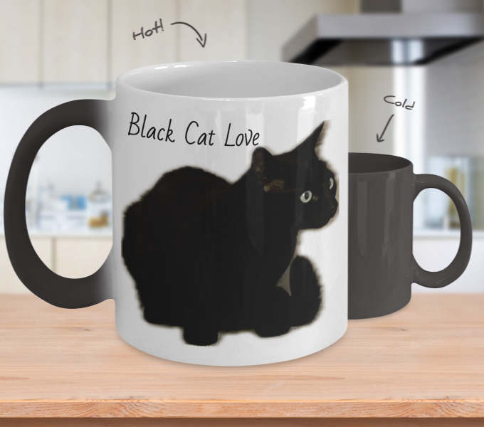 Colour changing black cat image coffee cup, mug, curious cat, wants to smell, taste and see the coffee, gift for cat lovers, cat parents, cat momma, cat pappa