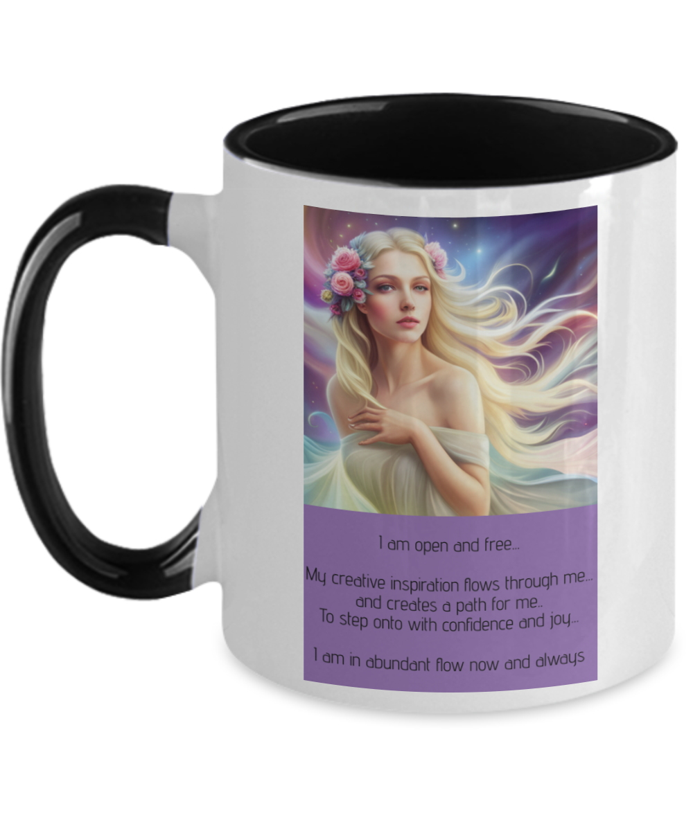 Two tone coffee mug, affirmation, confidence, open, free, flowing, inspiration, creativity, abundance