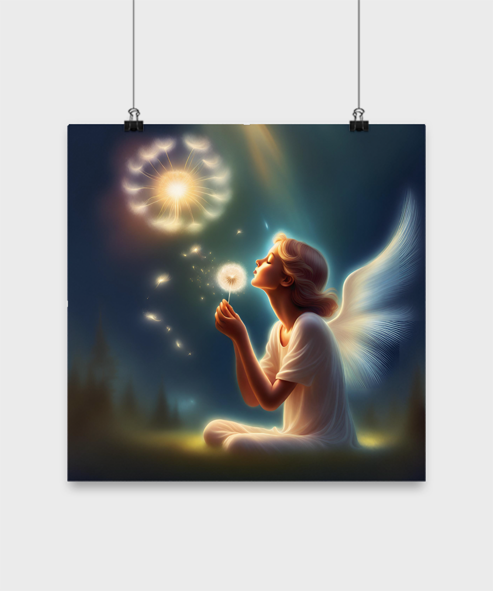 Poster of angel blowing a dandelion pod, dark blue with white, fantasy, wishes, dreams