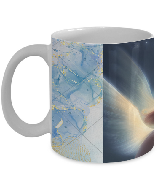 Full wrap mug, 11oz, 15oz, angel blowing on dandelion pod, making a wish