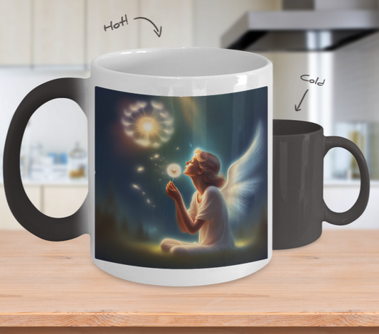 Colour changing mug, angel blowing a dandelion pod, making wishes, seeds of hopes and dreams, gift