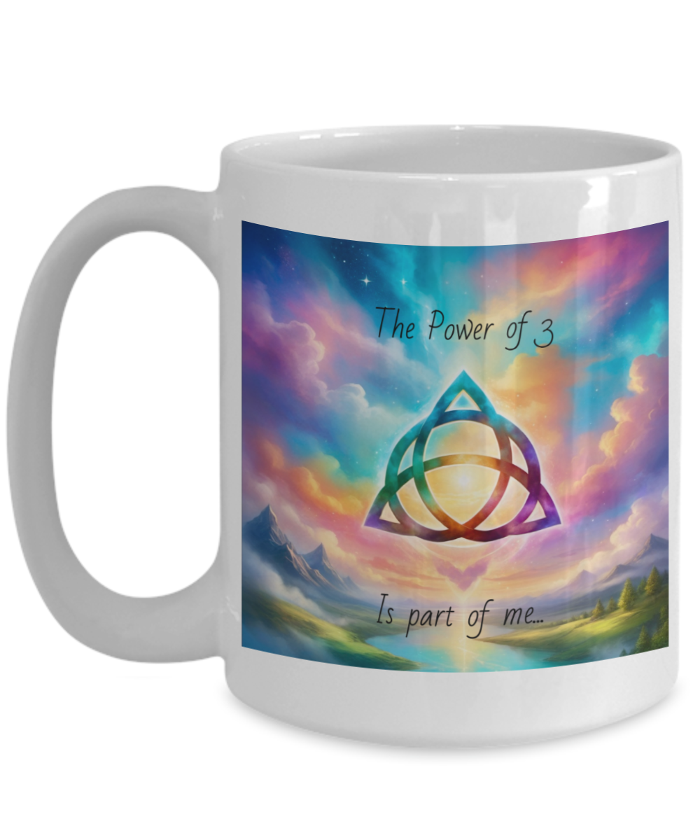 The power of 3 is part of me mug, 11oz, 15oz, black, white, colourful, affirmation, empowering, triquetra symbol, gift for charmed lovers