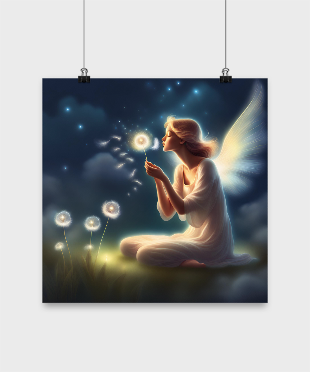 Poster of an angel blowing a dandelion pods, dandelion seeds take flight, dark blue and white, fantasy