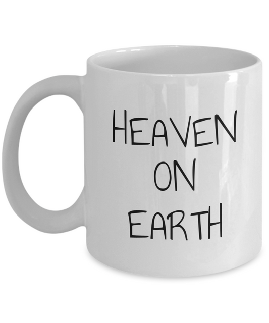 heaven on earth mug, large text and bright fantasy image of man in prayer hands and bright aura, 11oz, 15 oz mug, coffee cup, gift for spiritual male, female