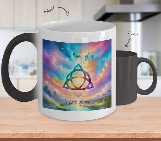 colour changing mug, the power of three is part of me, 11oz, triquetra symbol. gift for him, gift for her, magic, spiritual, affirmation, empowerment