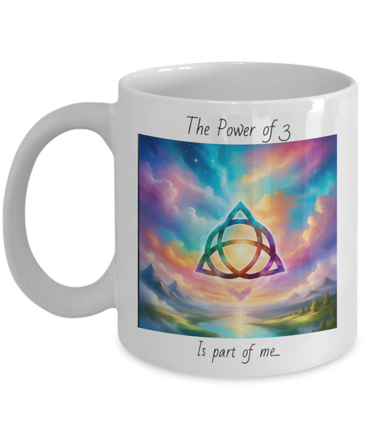 trquetra coffee mug, the power of three is part of me, 11oz, 15oz, colourful, bright, affirmation, empowered, sky, symbol, gift for charmed lovers