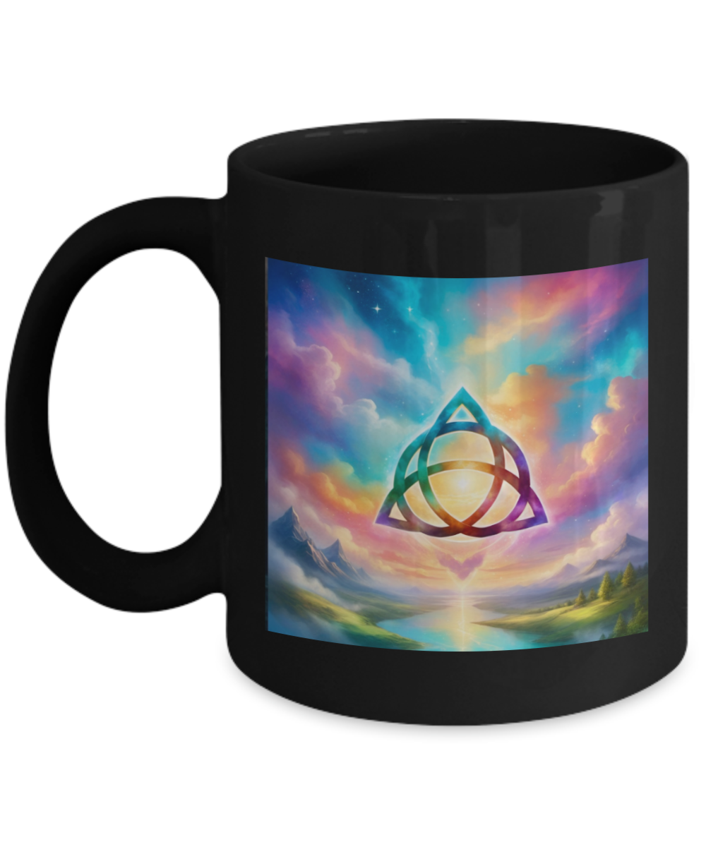 trquetra coffee mug, the power of three is part of me, 11oz, 15oz, colourful, bright, affirmation, empowered, sky, symbol, gift for charmed lovers