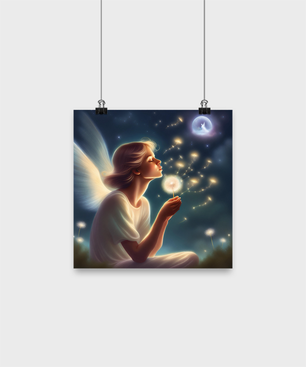 Poster of an angel blowing a dandelion pod, various sizes, dark blue and white