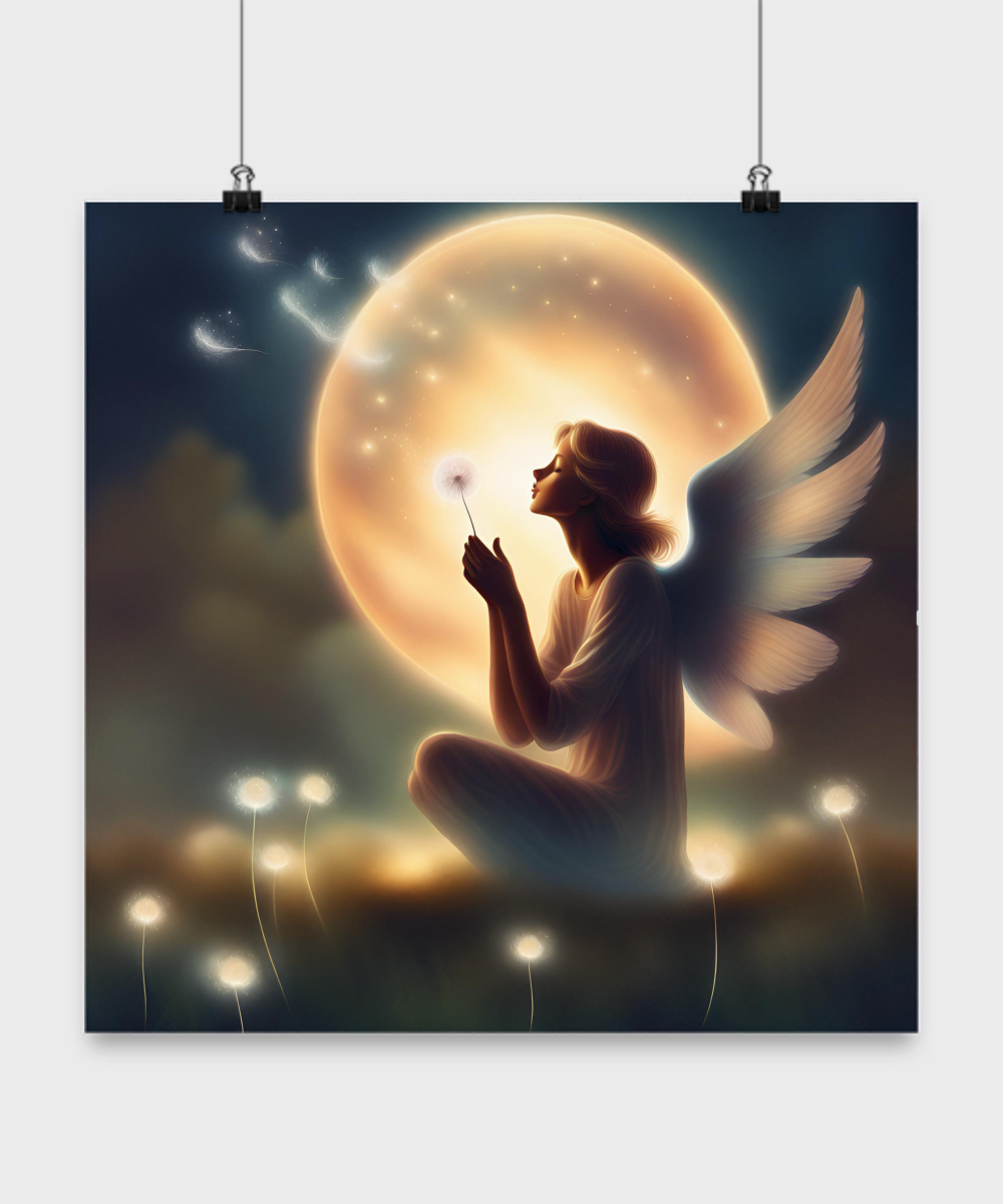 Poster of an angel blowing a dandelion pod, moon, seeds take flight,various sizes, dark blue and white