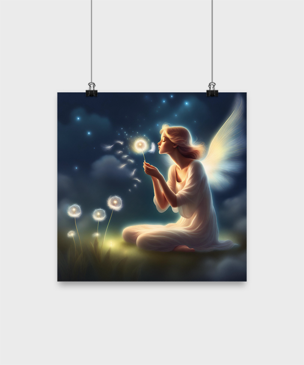 Poster of an angel blowing a dandelion pods, dandelion seeds take flight, dark blue and white, fantasy