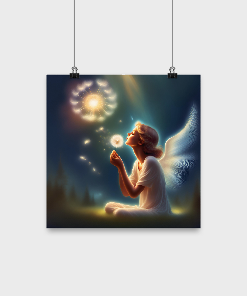 Poster of angel blowing a dandelion pod, dark blue with white, fantasy, wishes, dreams