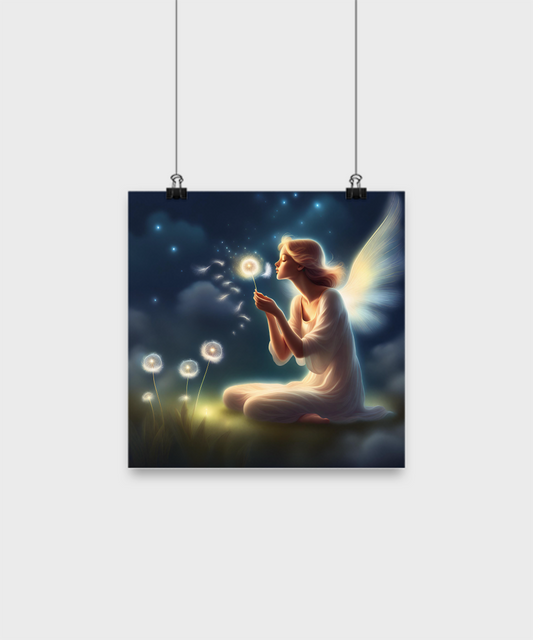 Poster of an angel blowing a dandelion pods, dandelion seeds take flight, dark blue and white, fantasy