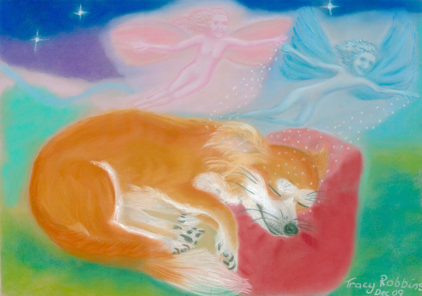 A4 or A3 Art Print- Healing Art - Dream Bringers (sleeping puppy with fairies sprinkling fairy dust)