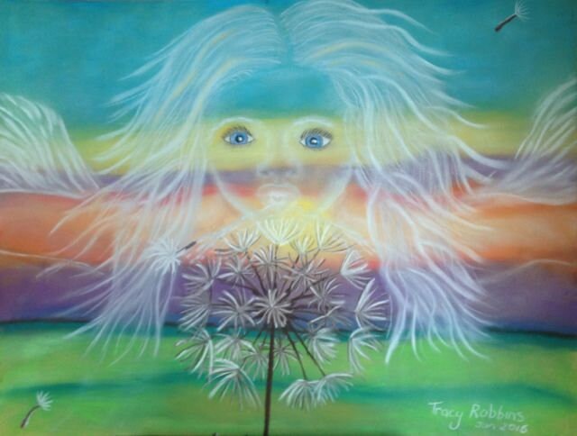 A4 Art Print- Wishes (spirit child is the wind blowing the dandelion seeds)