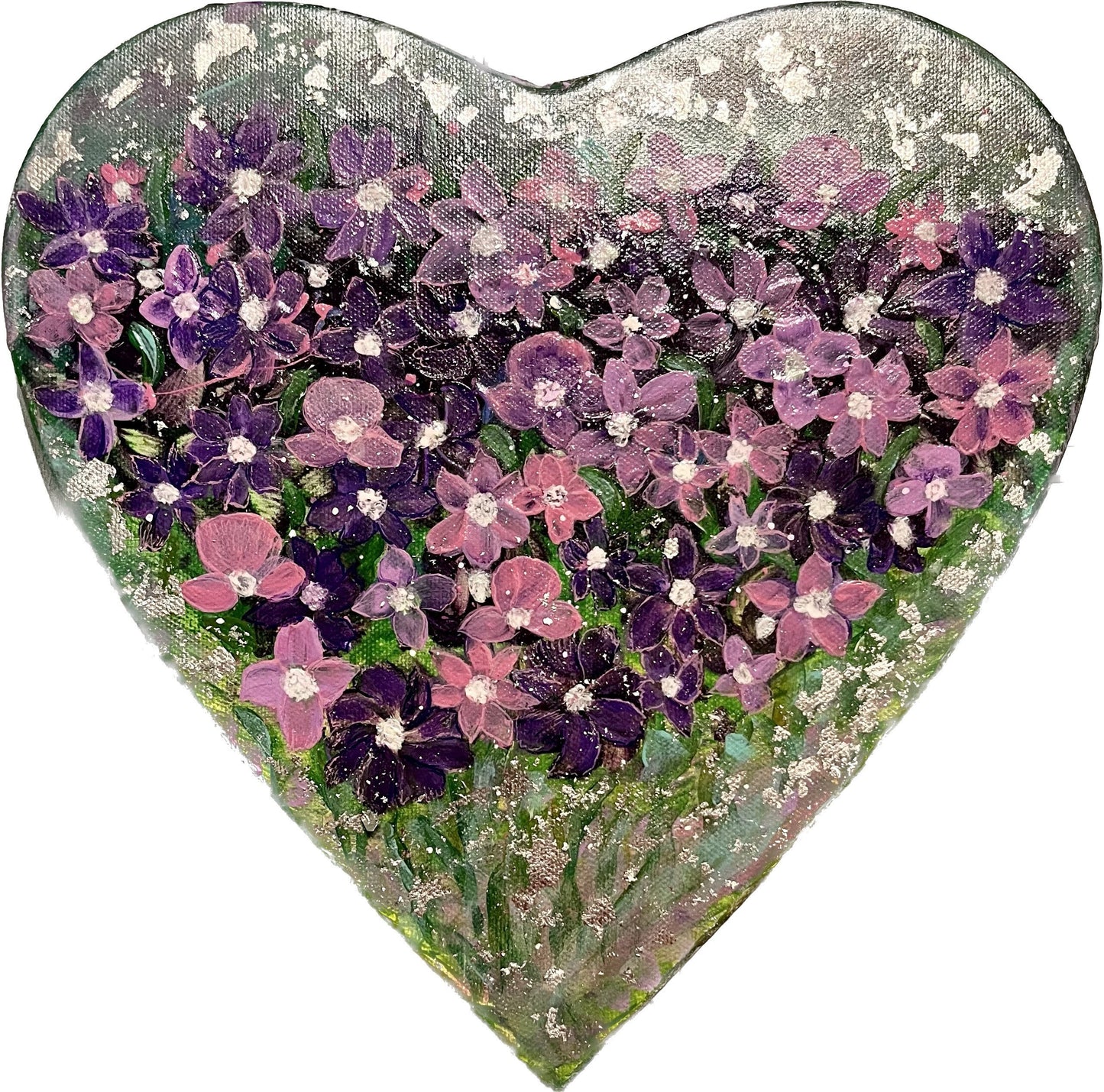 Field of purple flowers on heart shaped canvas ( original painting)