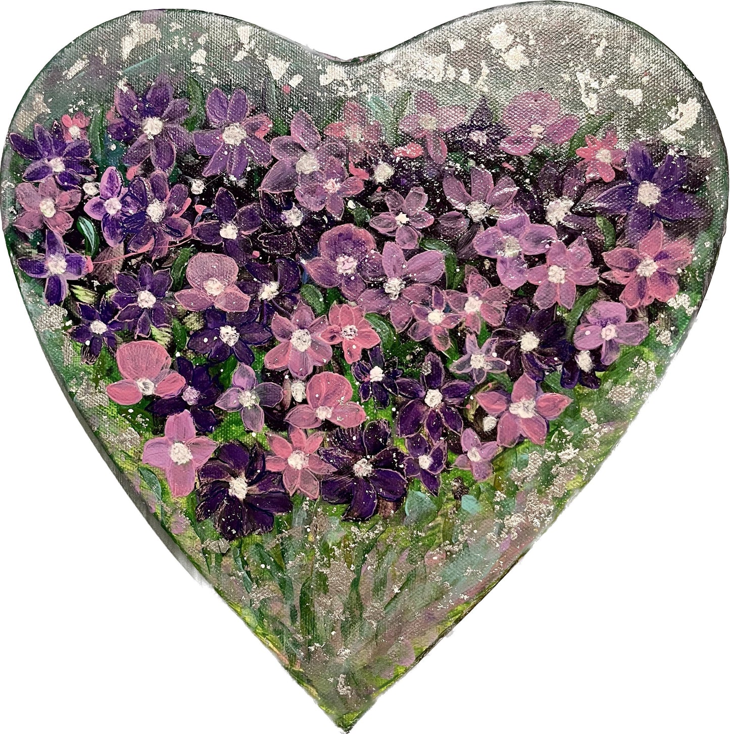 Field of purple flowers on heart shaped canvas ( original painting)