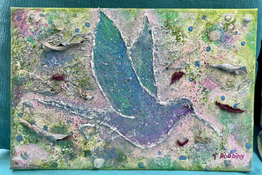 Hummingbird and poinsettia textured canvas containing light codes of love and joy.