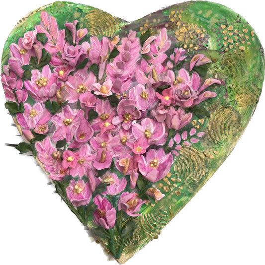 Field of 3D pink and gold flowers on heart shaped canvas ( original painting)