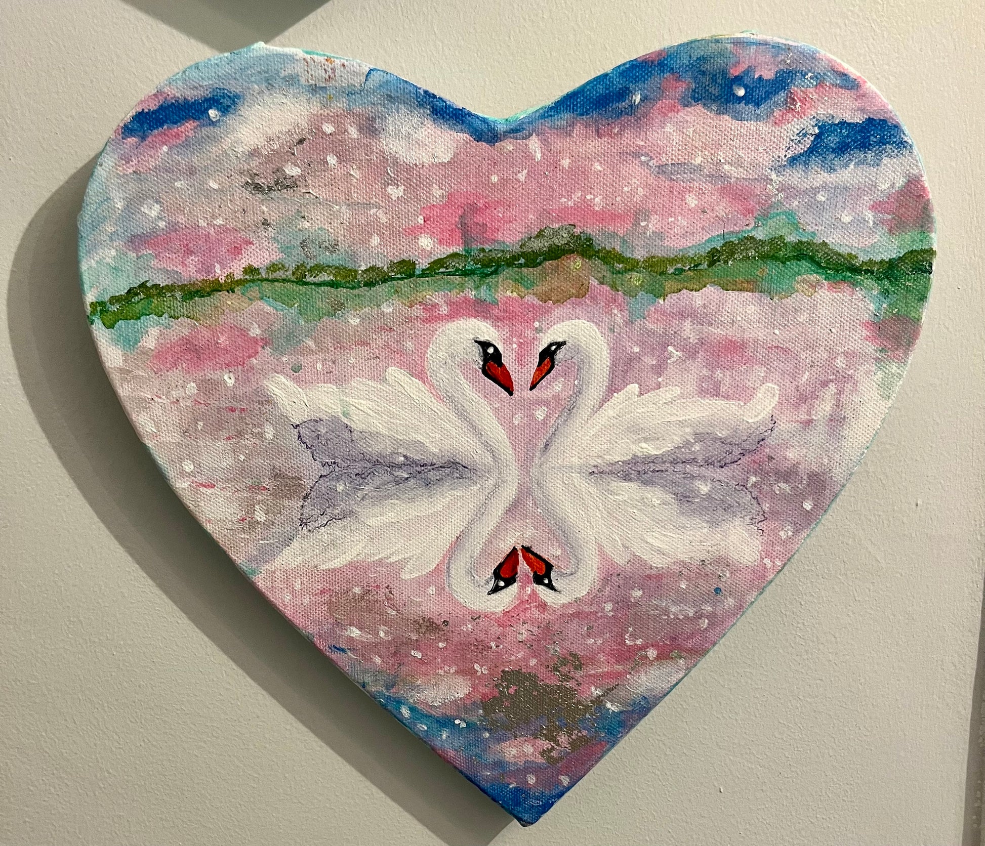 Swan love (twinflames) on heart shaped canvas ( original painting)