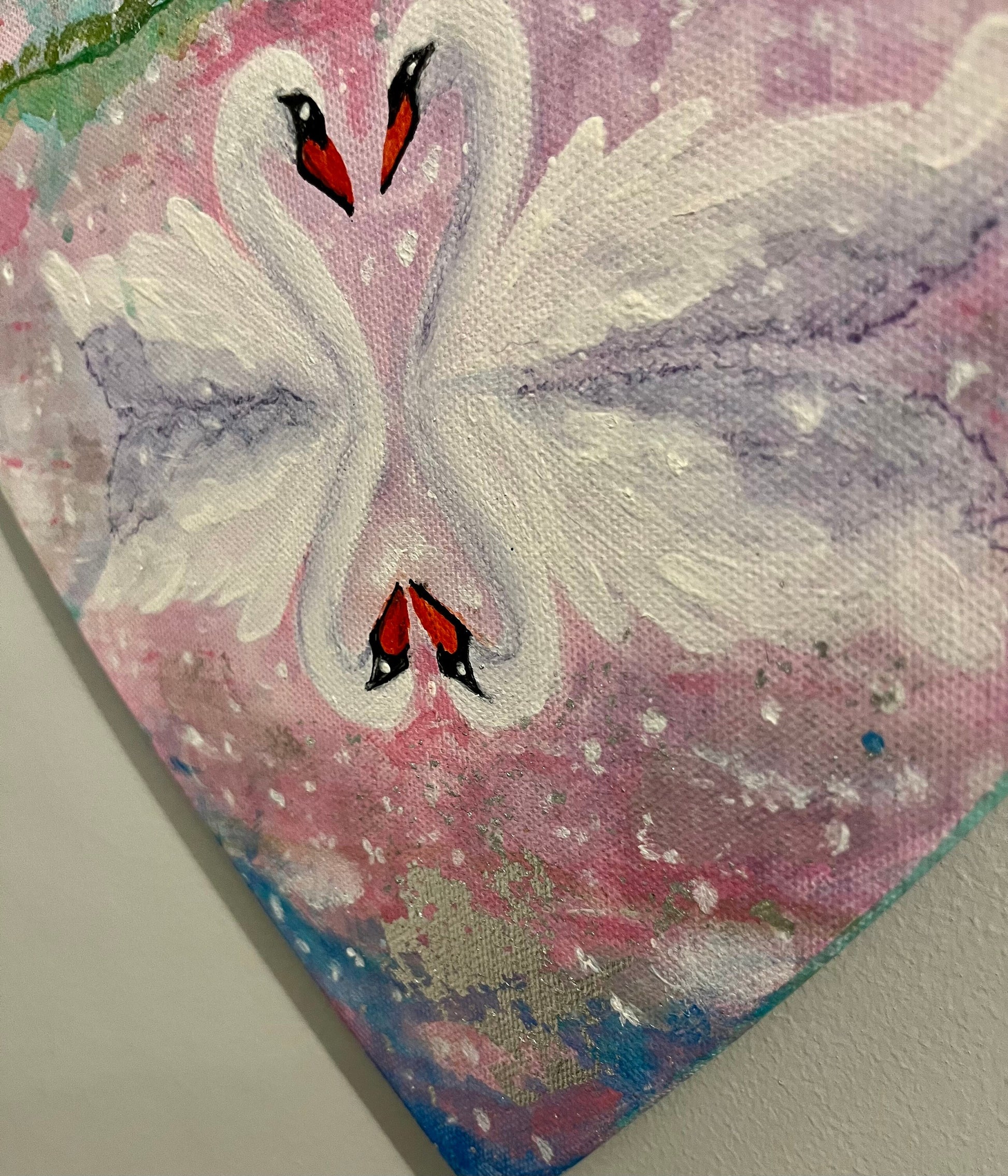 Swan love (twinflames) on heart shaped canvas ( original painting)