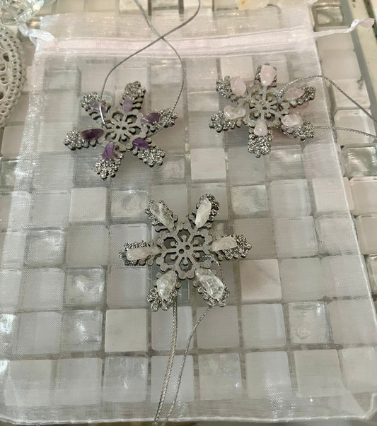 3 x Hanging snowflake decorations with crystals ( high vibe/energised)