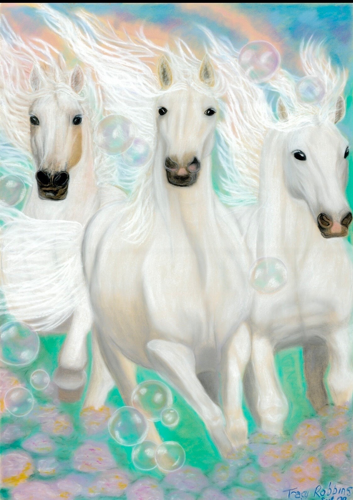 A4 Art Print with A3 White wooden frame & white matt - Healing Art Grace (White Horses galloping forward with bubbles )