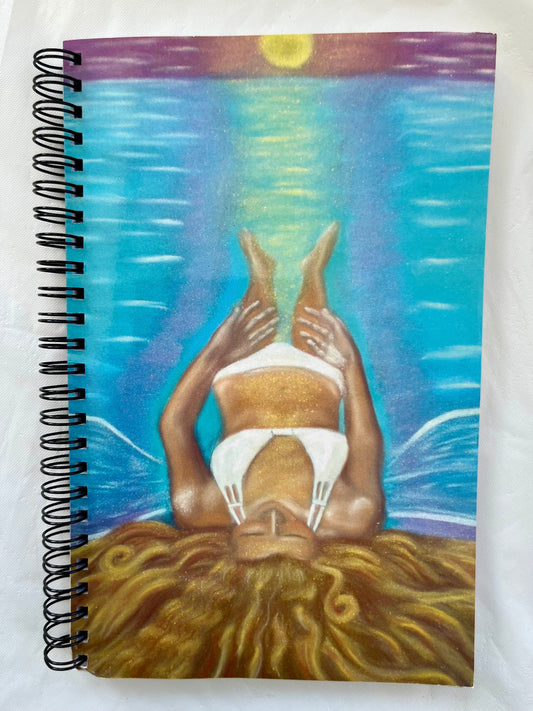 Energised healing notebook, floating on ocean, longtide painting