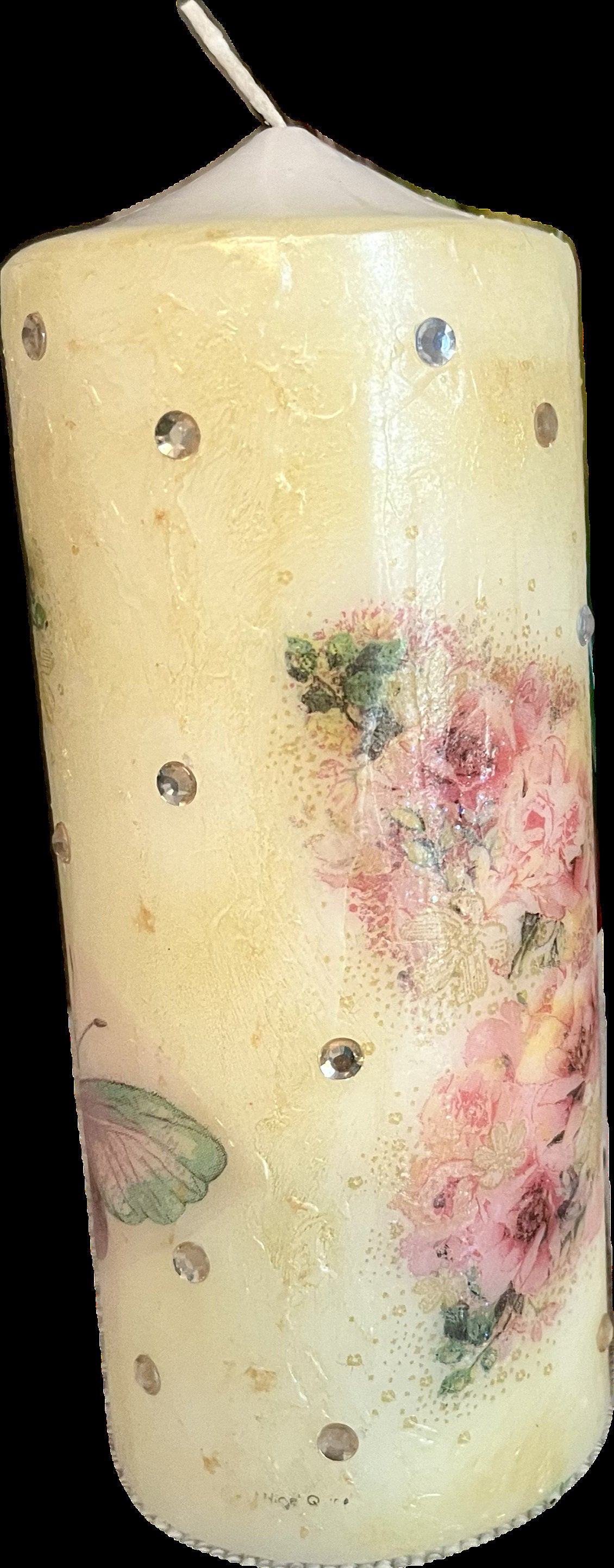 Pillar candle, pink and soft gold floral butterfly design with some sparkles 120hours burning