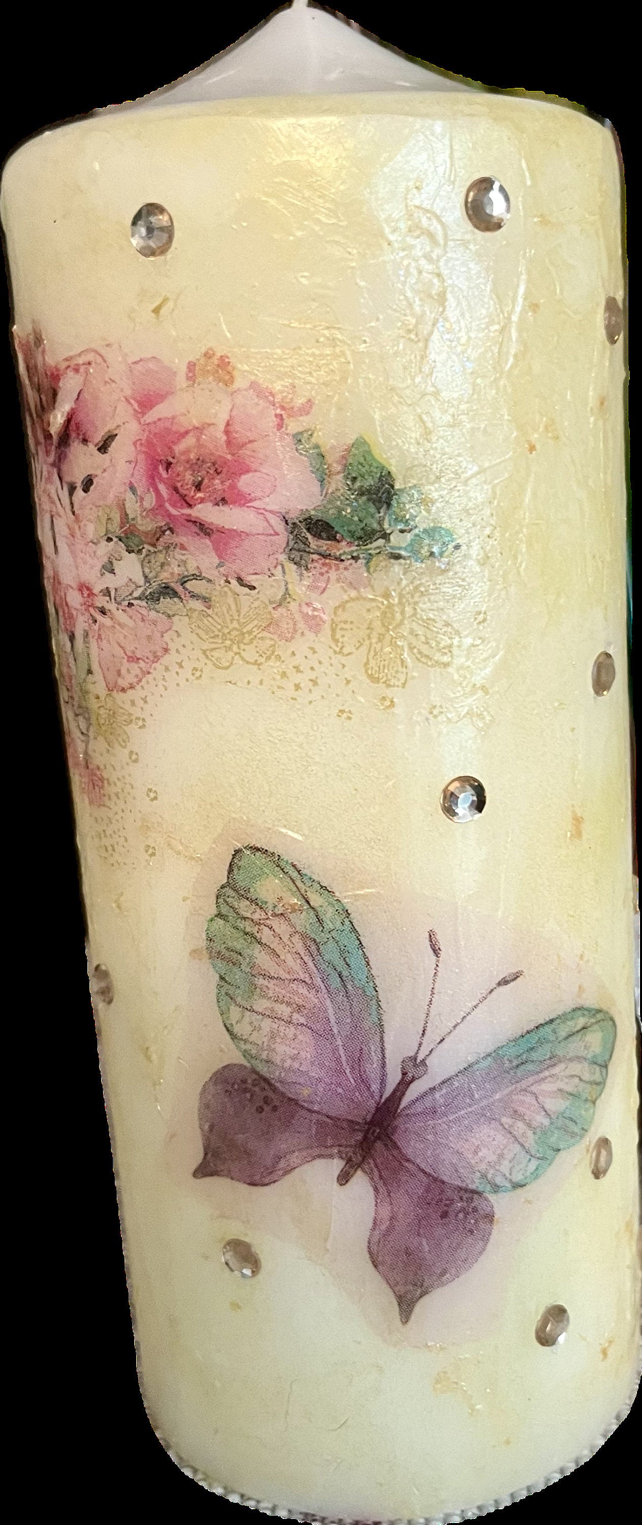 Pillar candle, pink and soft gold floral butterfly design with some sparkles 120hours burning