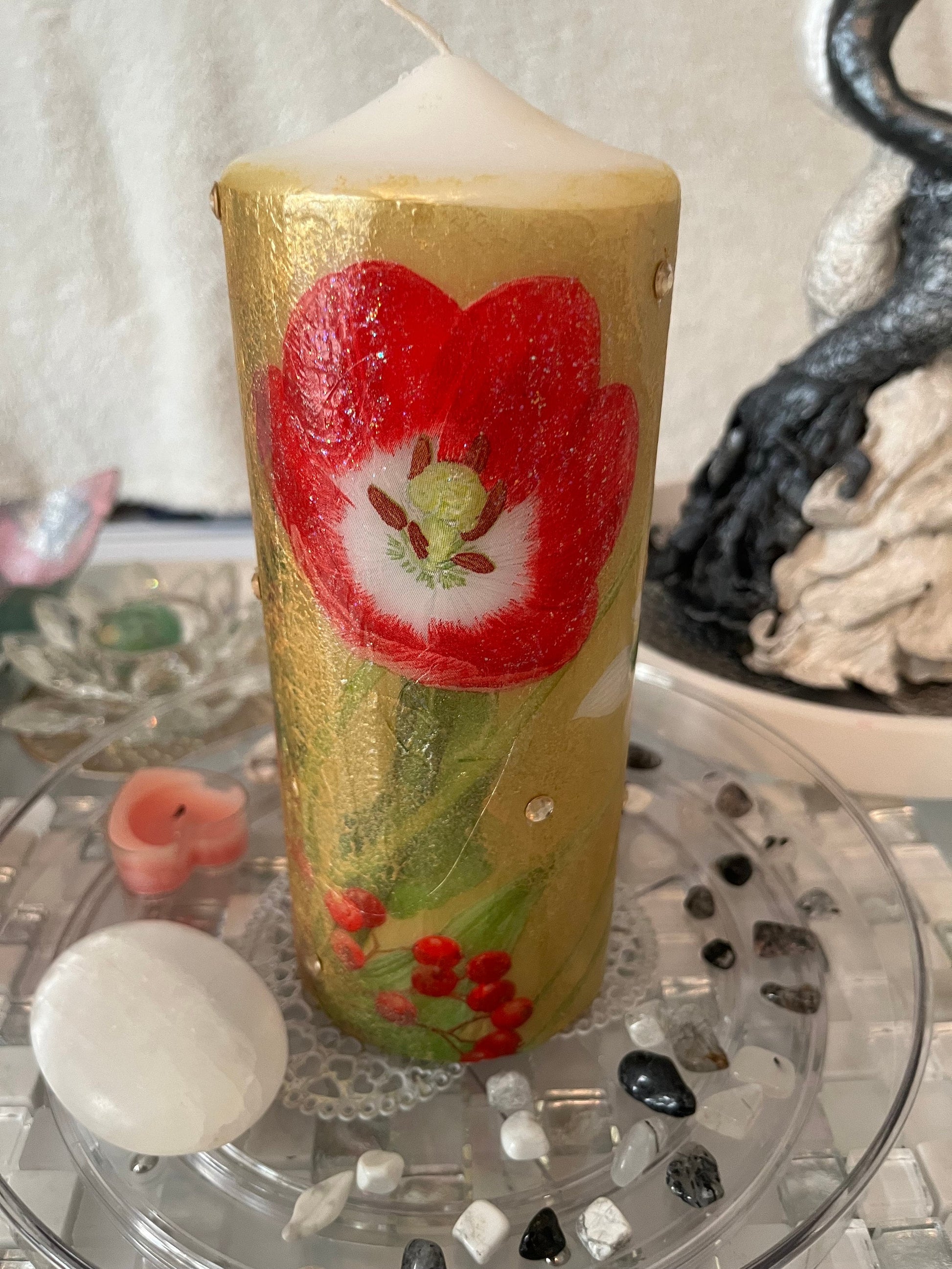 Pillar candle, red, gold and white floral design with poppies 120hours burning