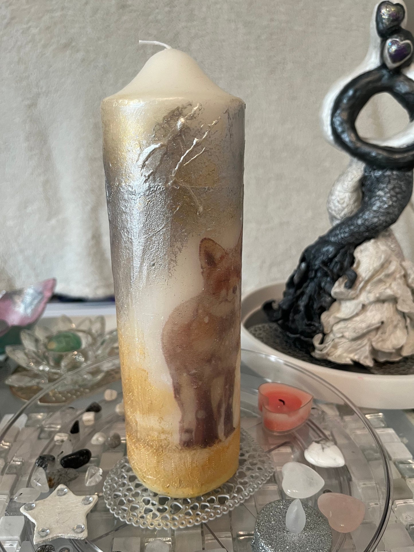 Large Pillar candle, silver and soft gold fox pair design with some sparkles 100hours burning