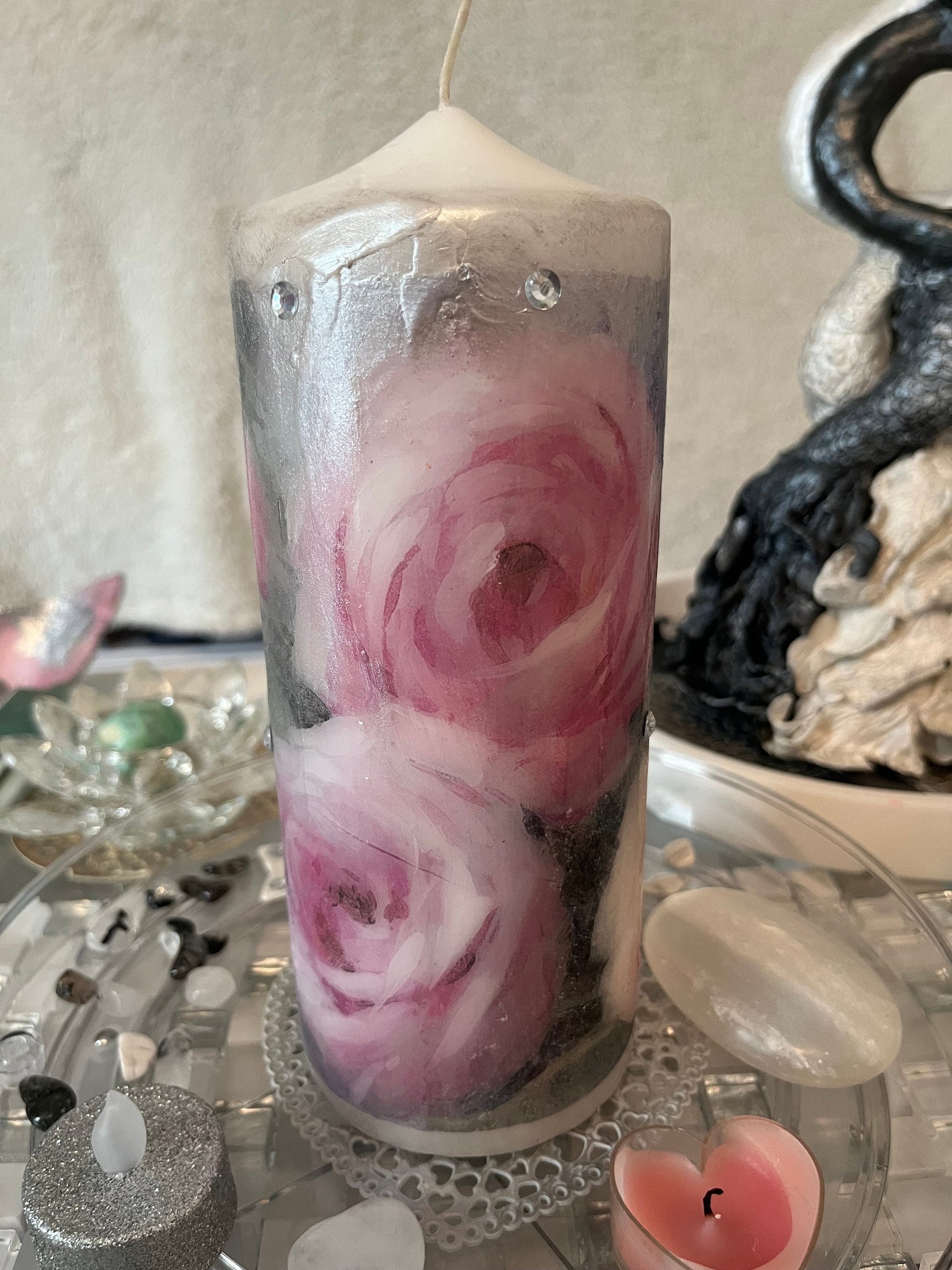 Large Pillar candle, pink,silver and soft grey floral rose design with some sparkles 120hours burning