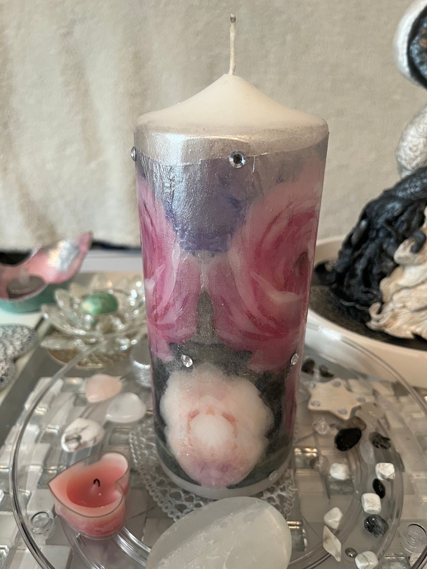 Large Pillar candle, pink,silver and soft grey floral rose design with some sparkles 120hours burning