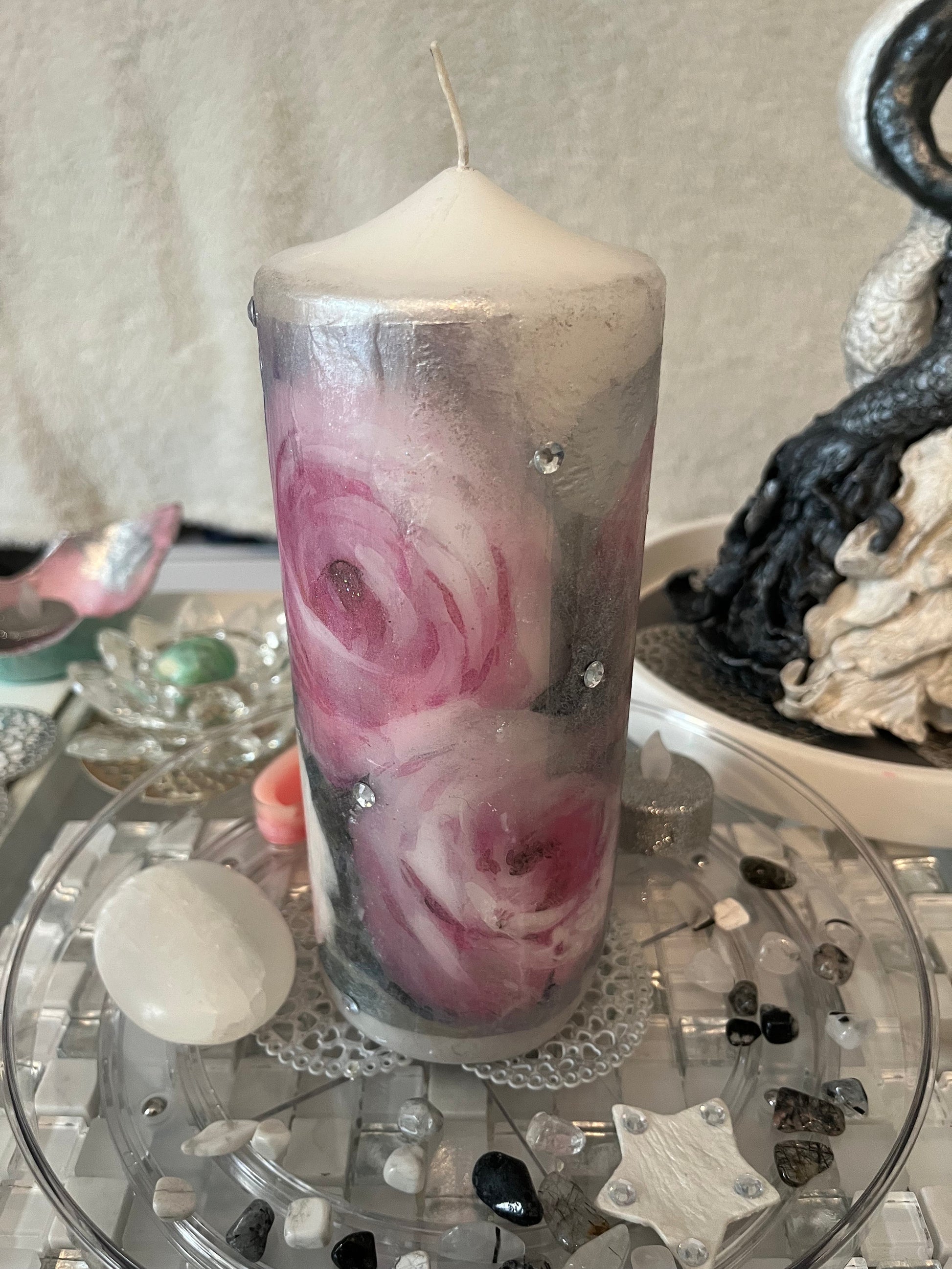 Large Pillar candle, pink,silver and soft grey floral rose design with some sparkles 120hours burning