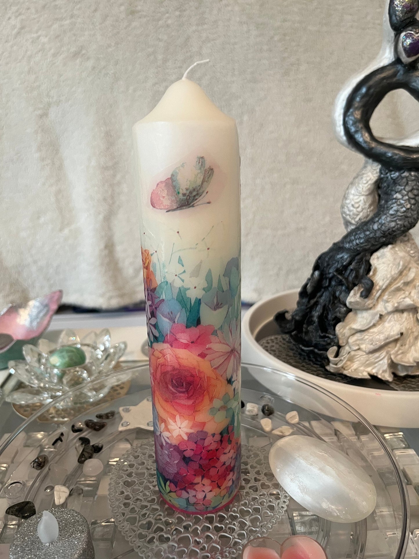 Large Pillar candle floral with butterflies 75hour burning