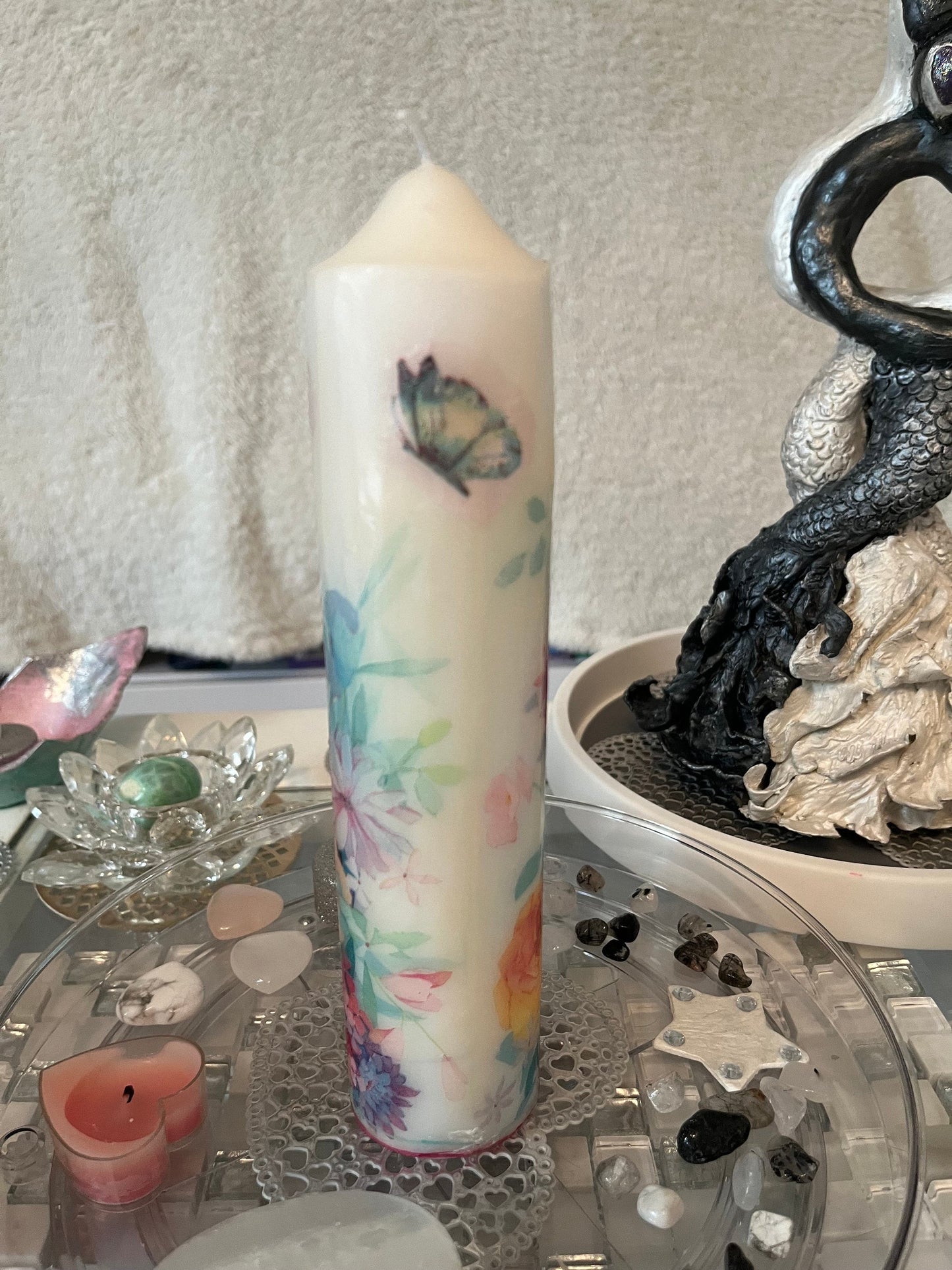 Large Pillar candle floral with butterflies 75hour burning