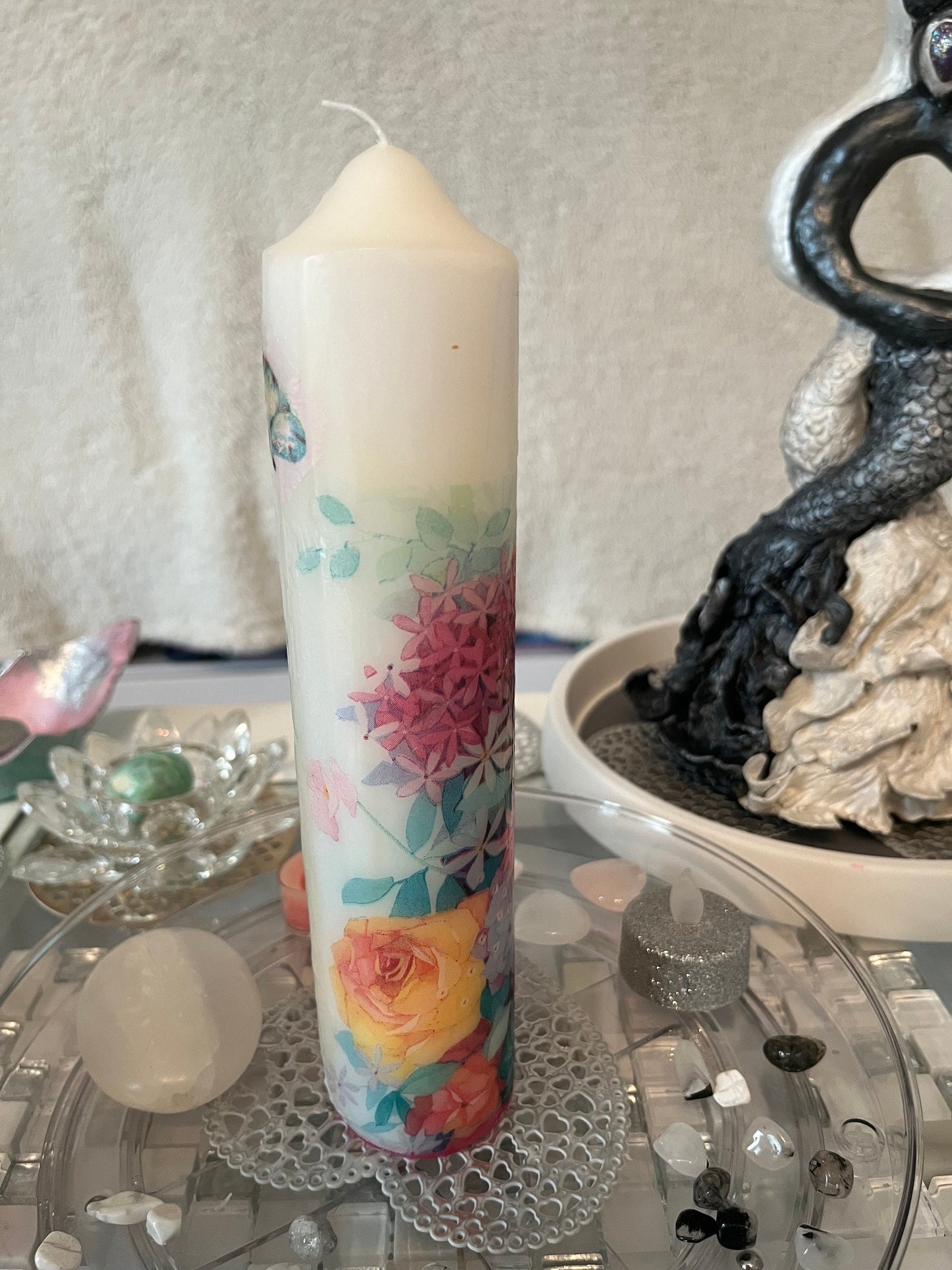 Large Pillar candle floral with butterflies 75hour burning