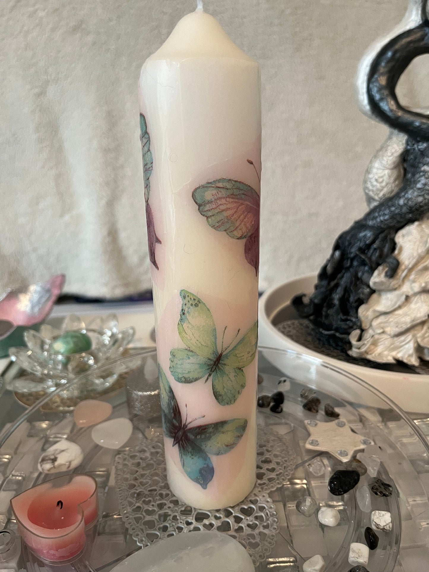 Large Pillar candle with butterflies 75hour burning