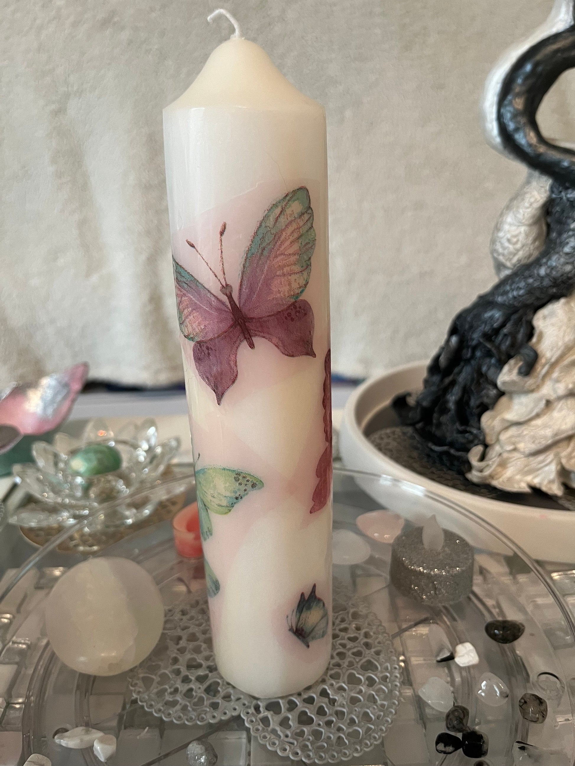 Large Pillar candle with butterflies 75hour burning