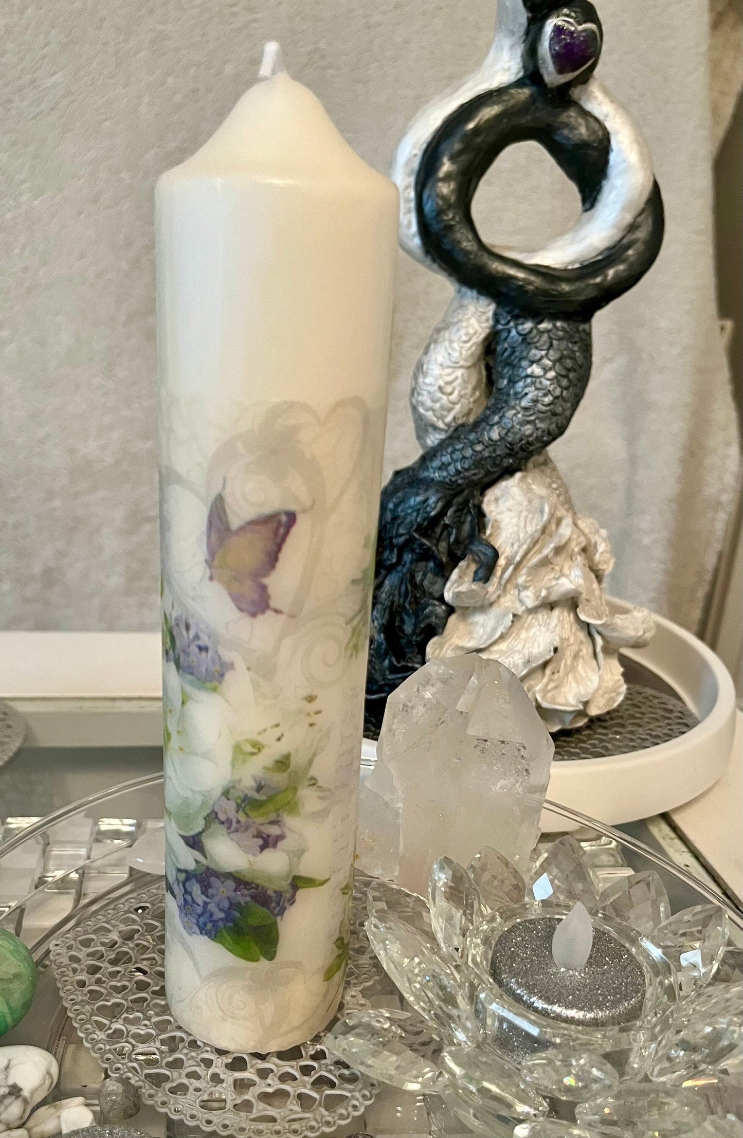 Tall Pillar candle floral with butterflies, whites and pastel colours, 75hour burning