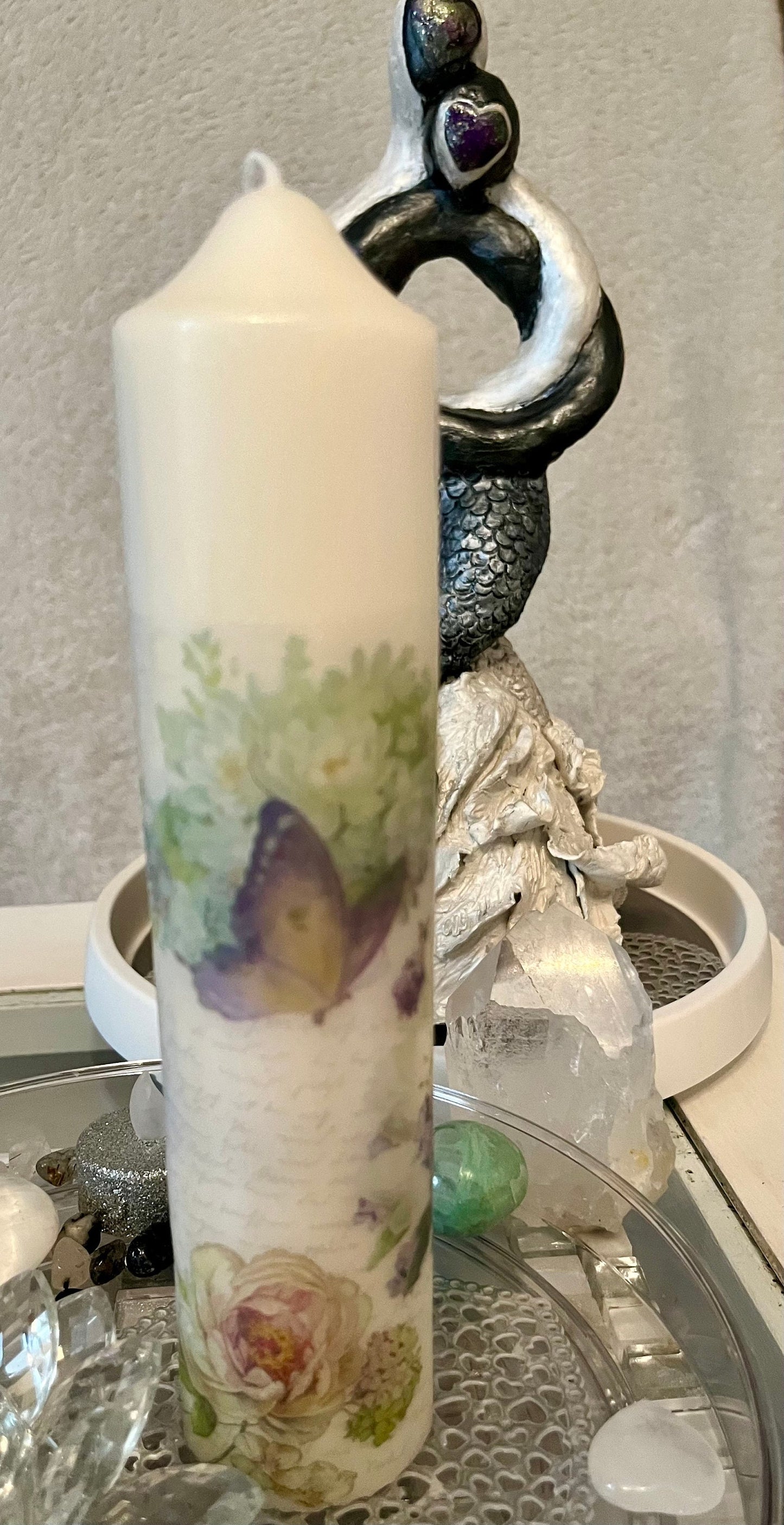 Tall Pillar candle floral with butterflies, whites and pastel colours, 75hour burning