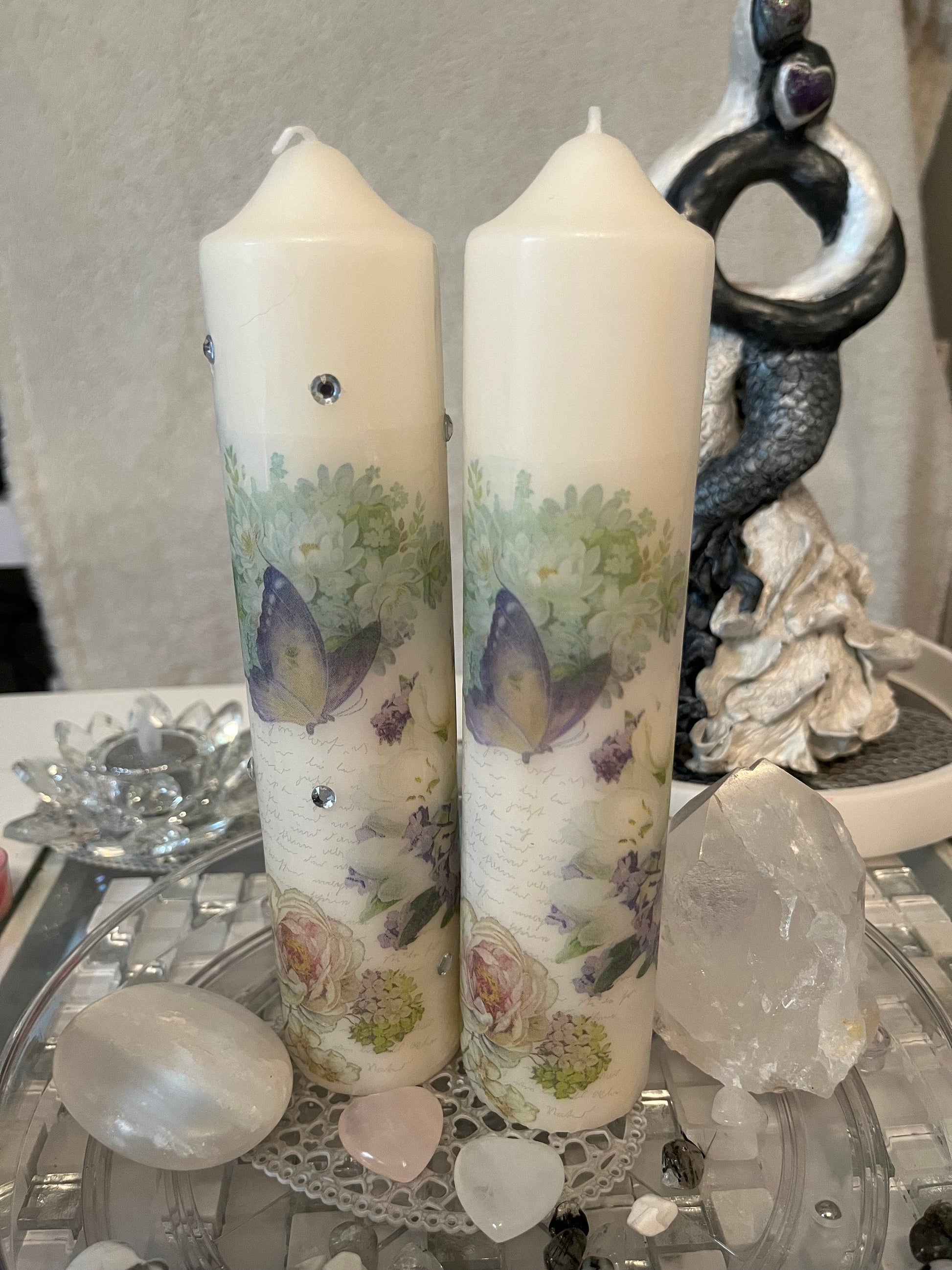 Tall Pillar candle floral with butterflies, whites and pastel colours, 75hour burning