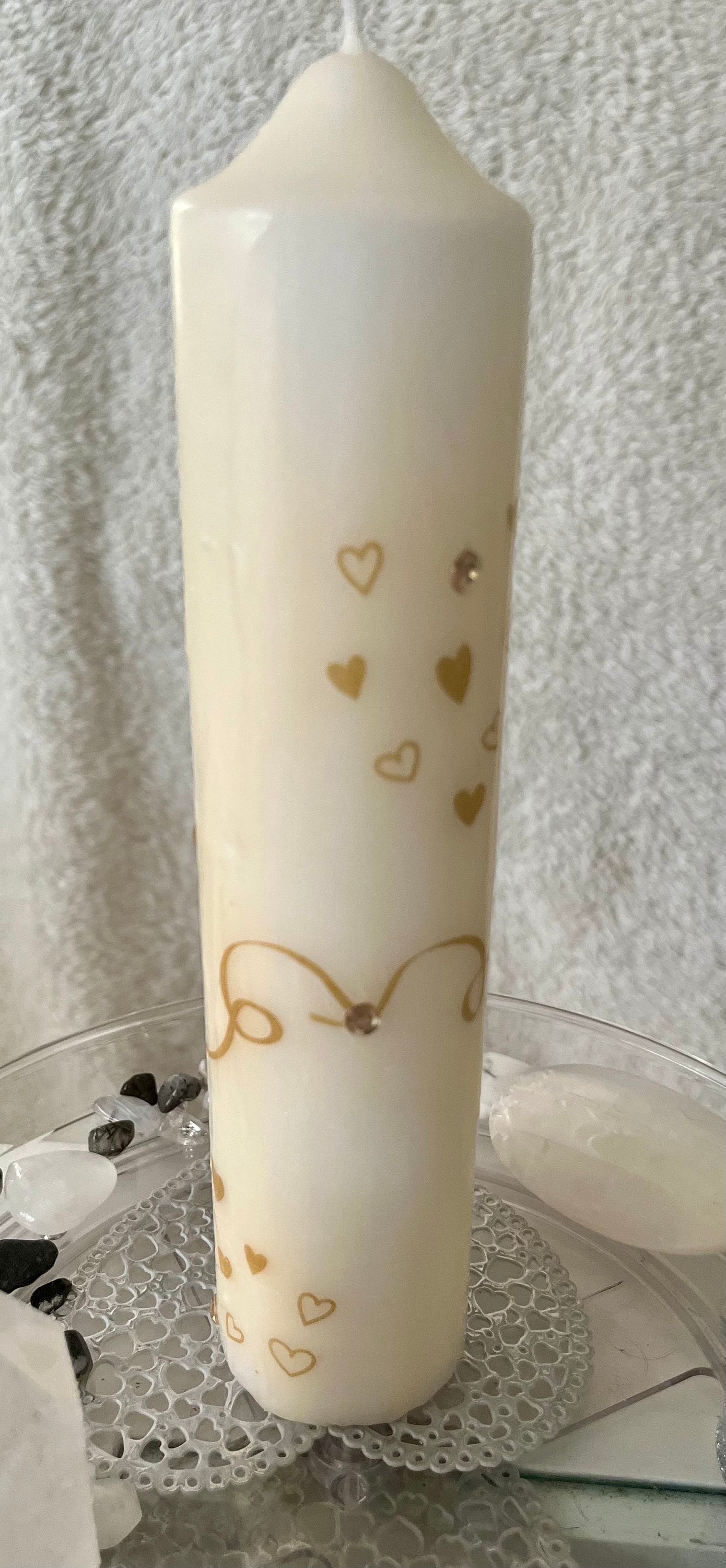 Tall Pillar candle with golden love heart design and sparkles 75hour burning, gift for lovers