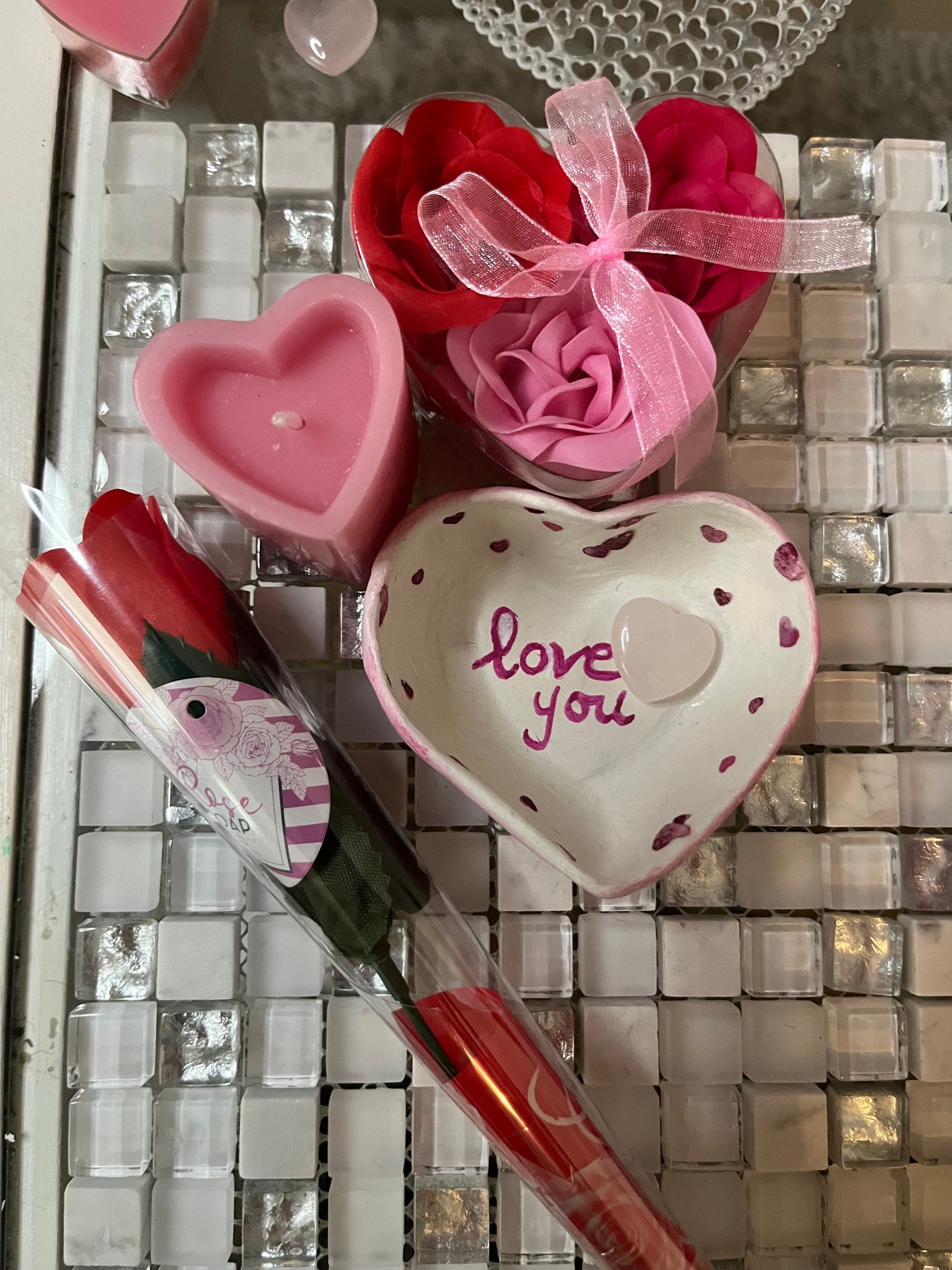 Valentines Day gift set, choice of2: heart candle, rose quartz crystal heart, soap stem rose, soap roses set, love heart tray, optional card