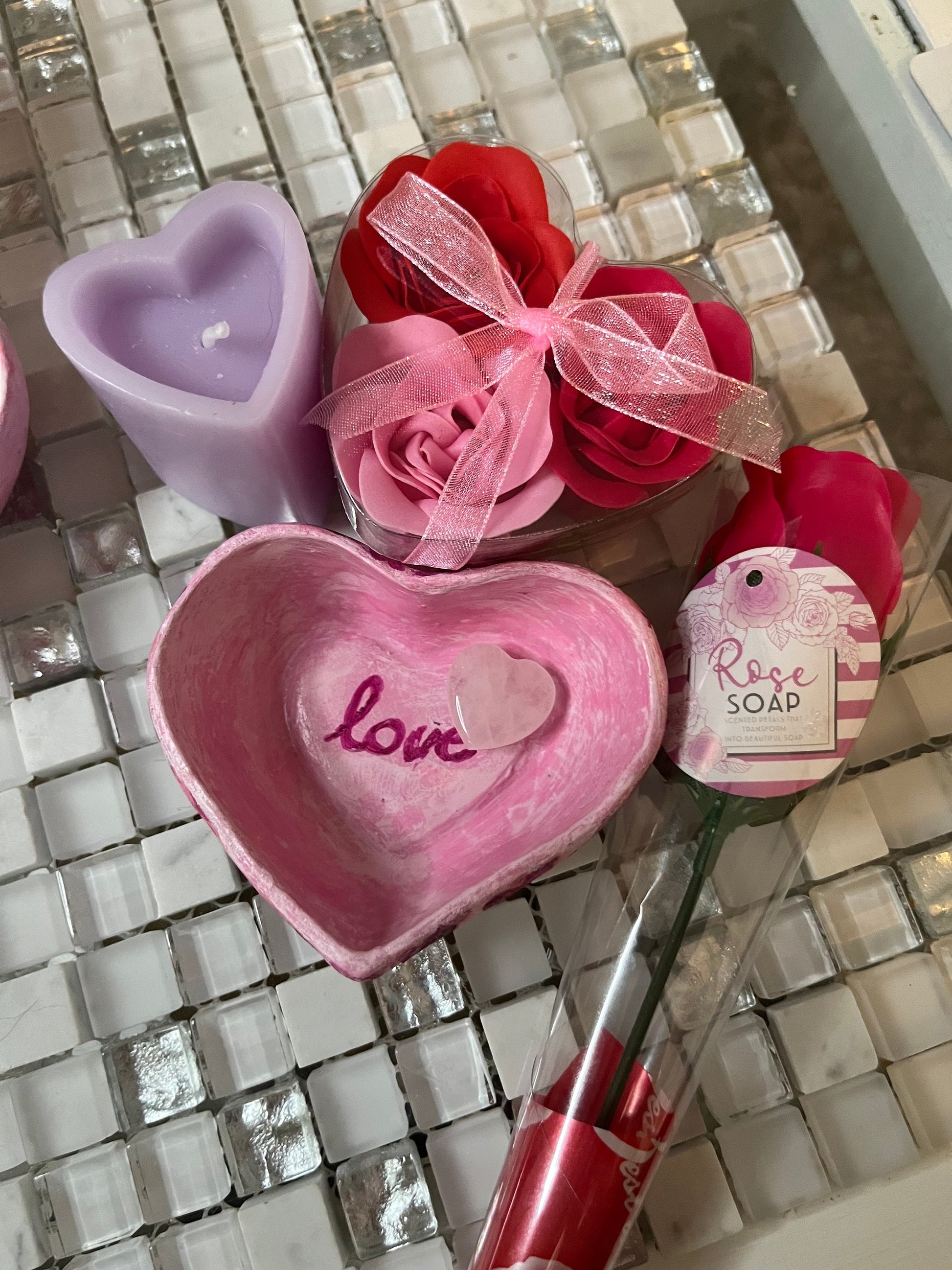 Valentines Day gift set, choice of2: heart candle, rose quartz crystal heart, soap stem rose, soap roses set, love heart tray, optional card